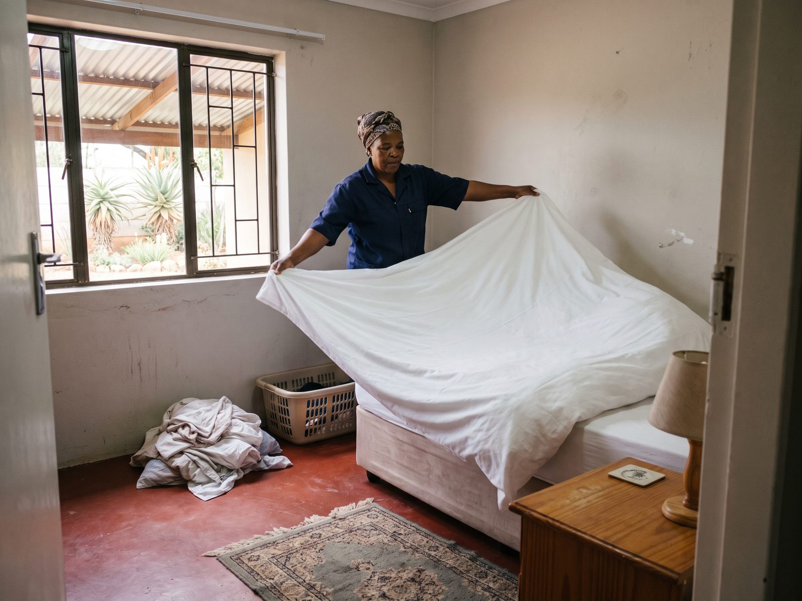A housekeeper making up a bed between guests