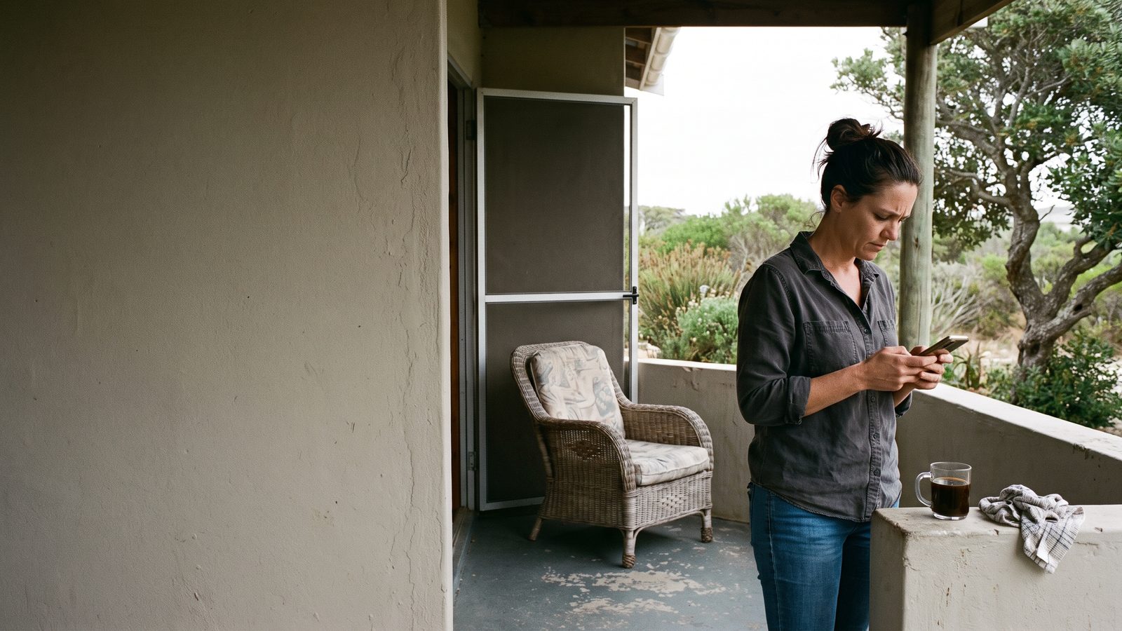 A guesthouse owner checking her phone on the stoep of a Garden Route cottage